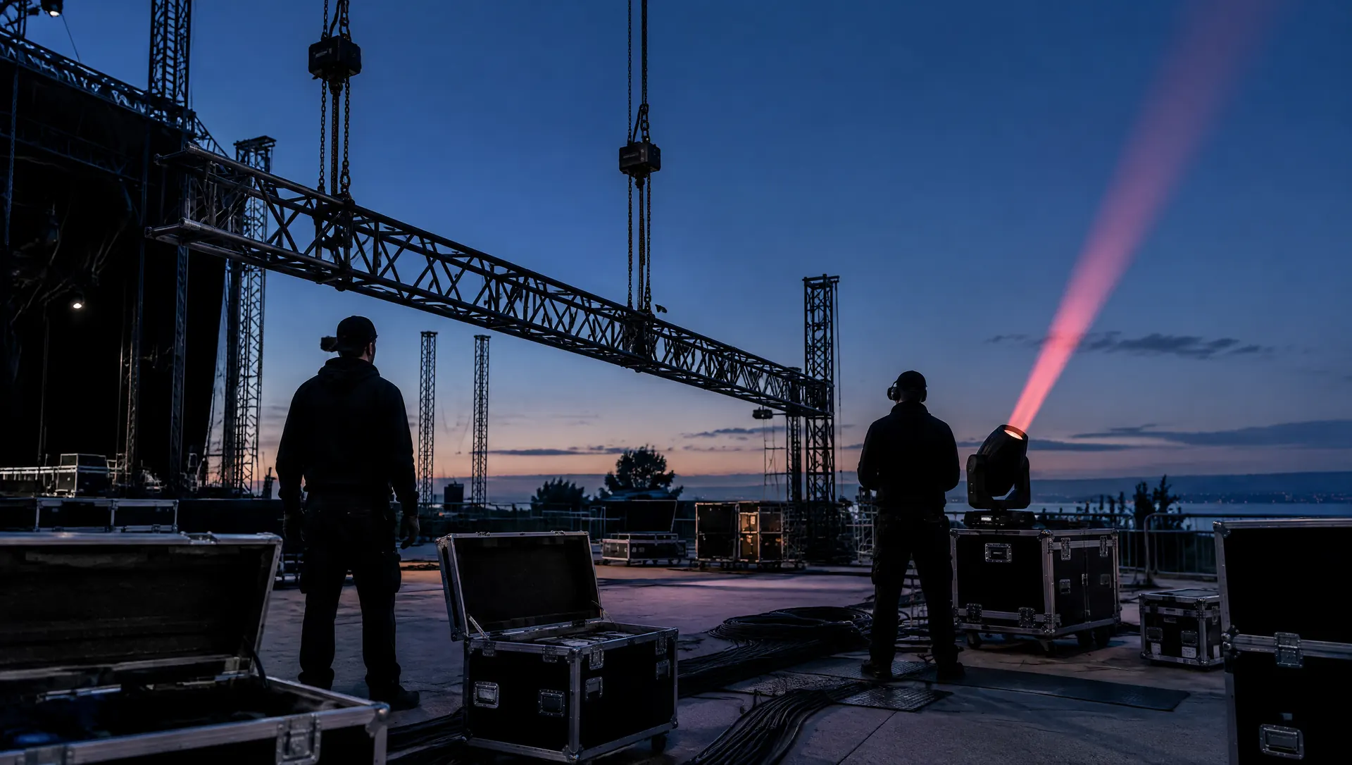 Técnicos montando un escenario exterior al atardecer entre flight cases y estructuras