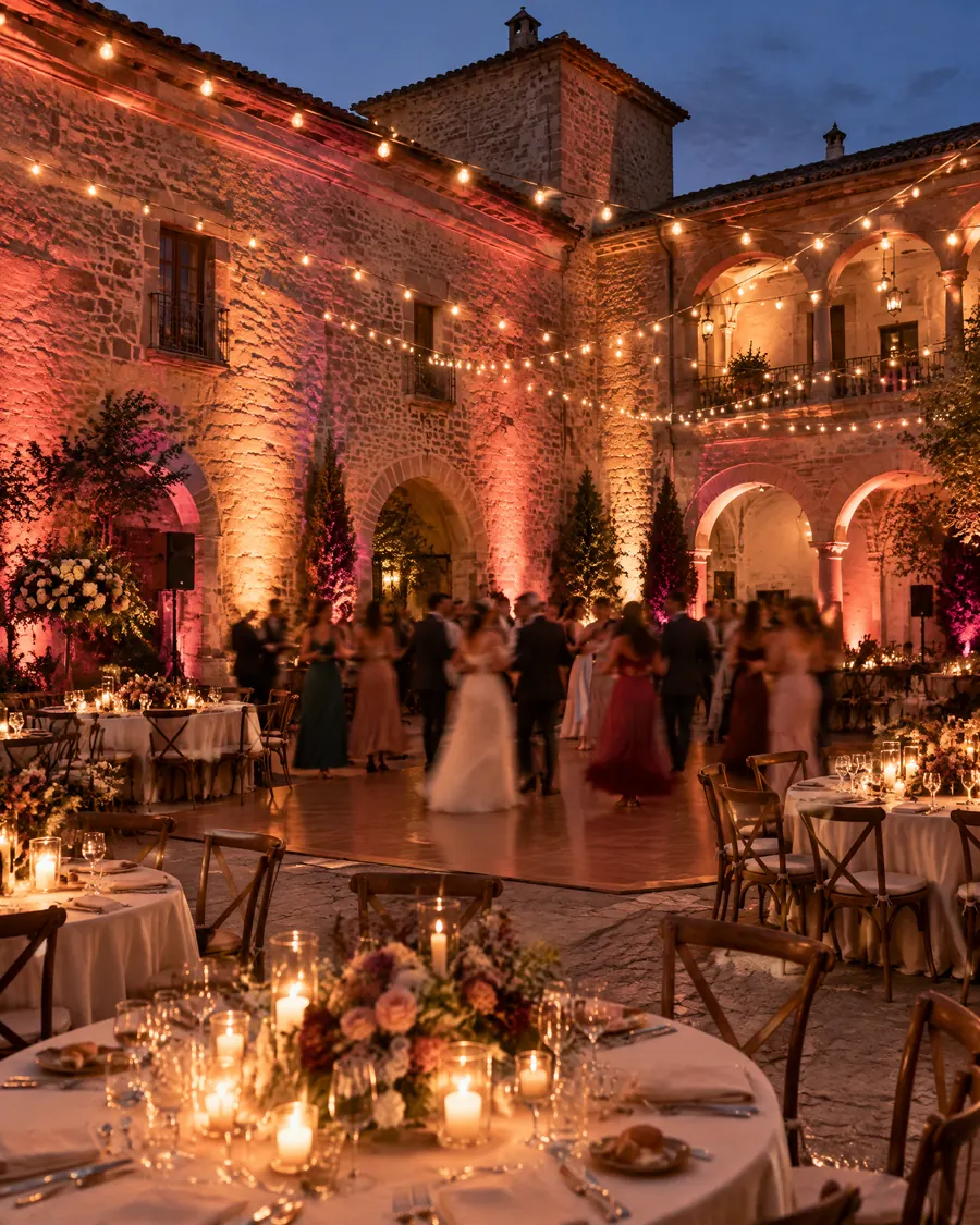 Banquete de boda en un patio de piedra iluminado en tonos cálidos con invitados bailando