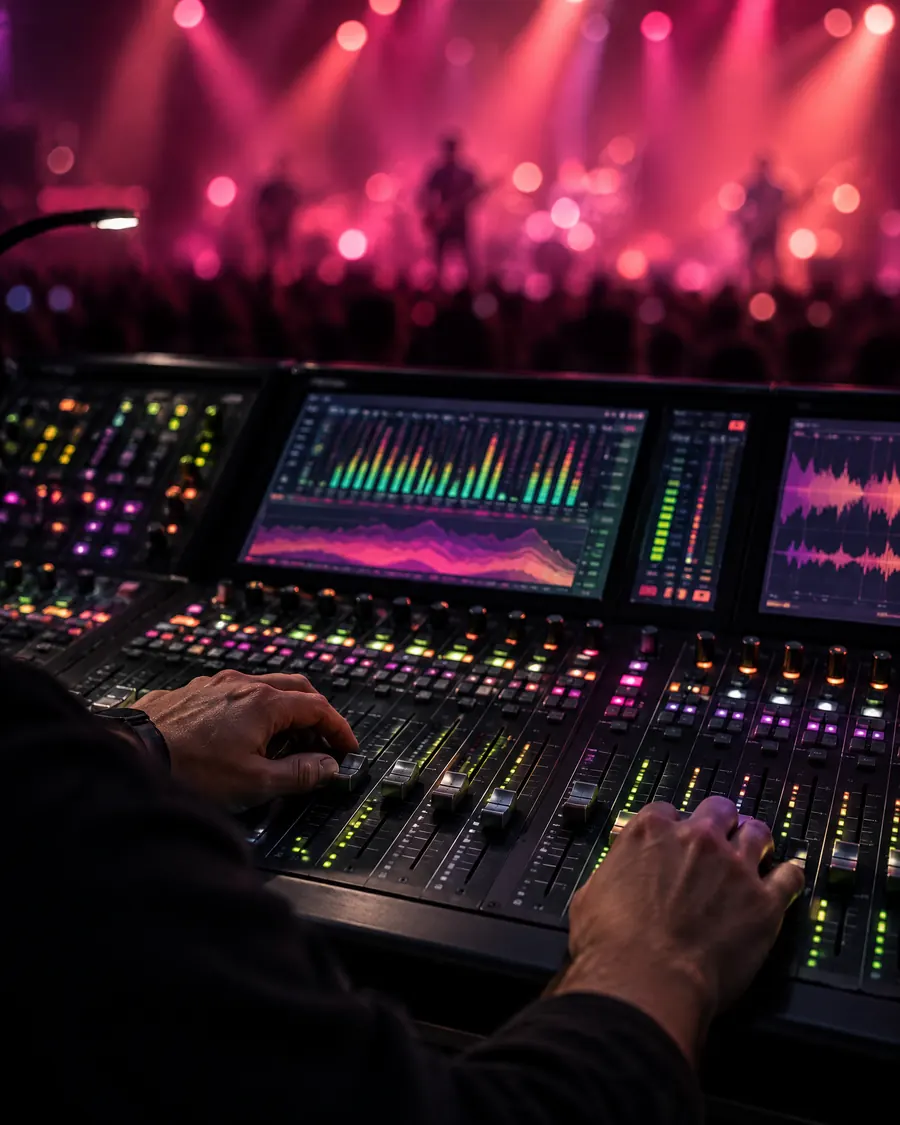 Manos de un técnico sobre los faders de una mesa de mezclas digital durante un concierto