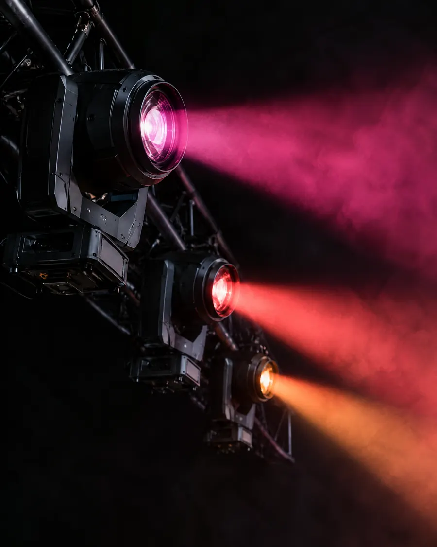 Fila de cabezas móviles en una estructura proyectando haces de luz magenta y coral