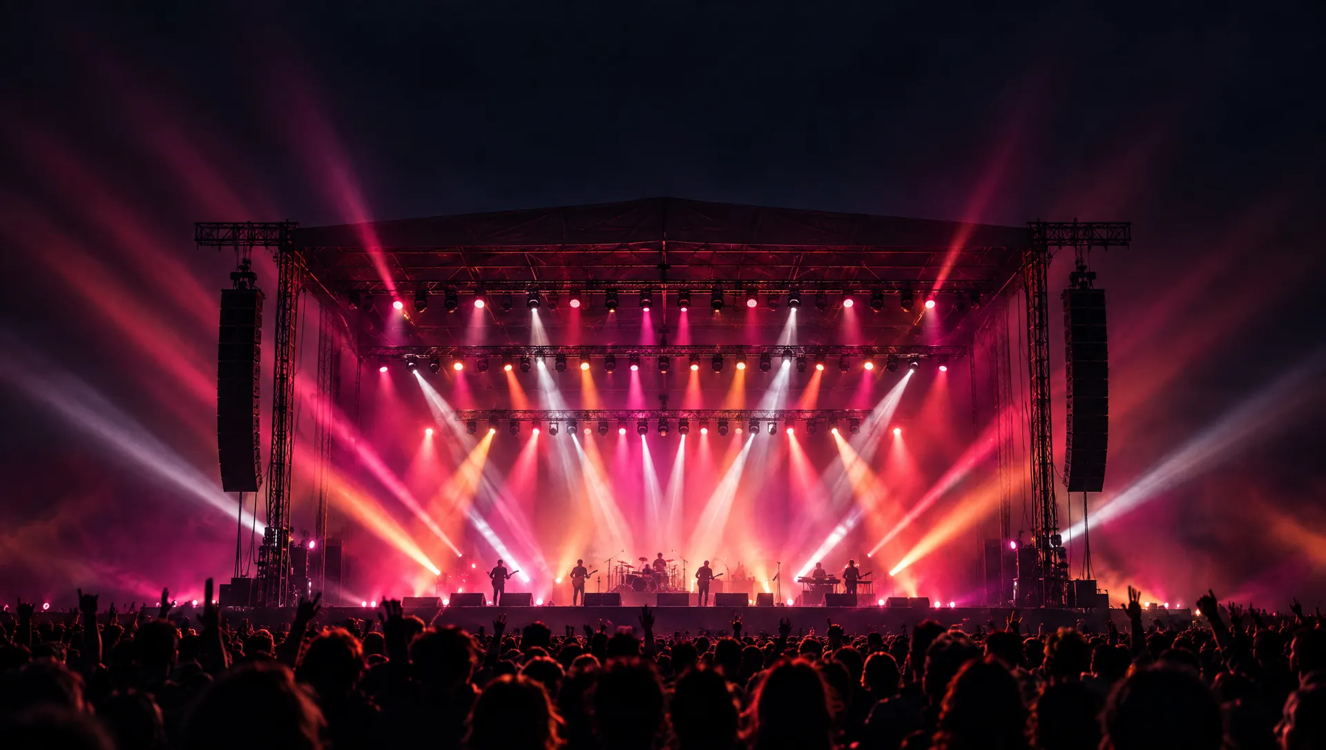 Escenario de concierto al aire libre con haces de luz en tonos magenta, coral y melocotón